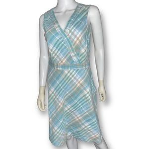 LL BEAN Vintage Linen Pastel Aqua Blue Tan Plaid Faux Wrap Midi Dress 12 (or 8)